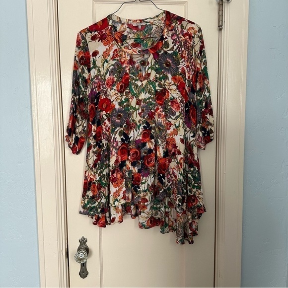 Jodifl Shirt Top Floral Draping Asymmetrical Fairy Feminine Red & Cream Size S - Picture 2 of 10